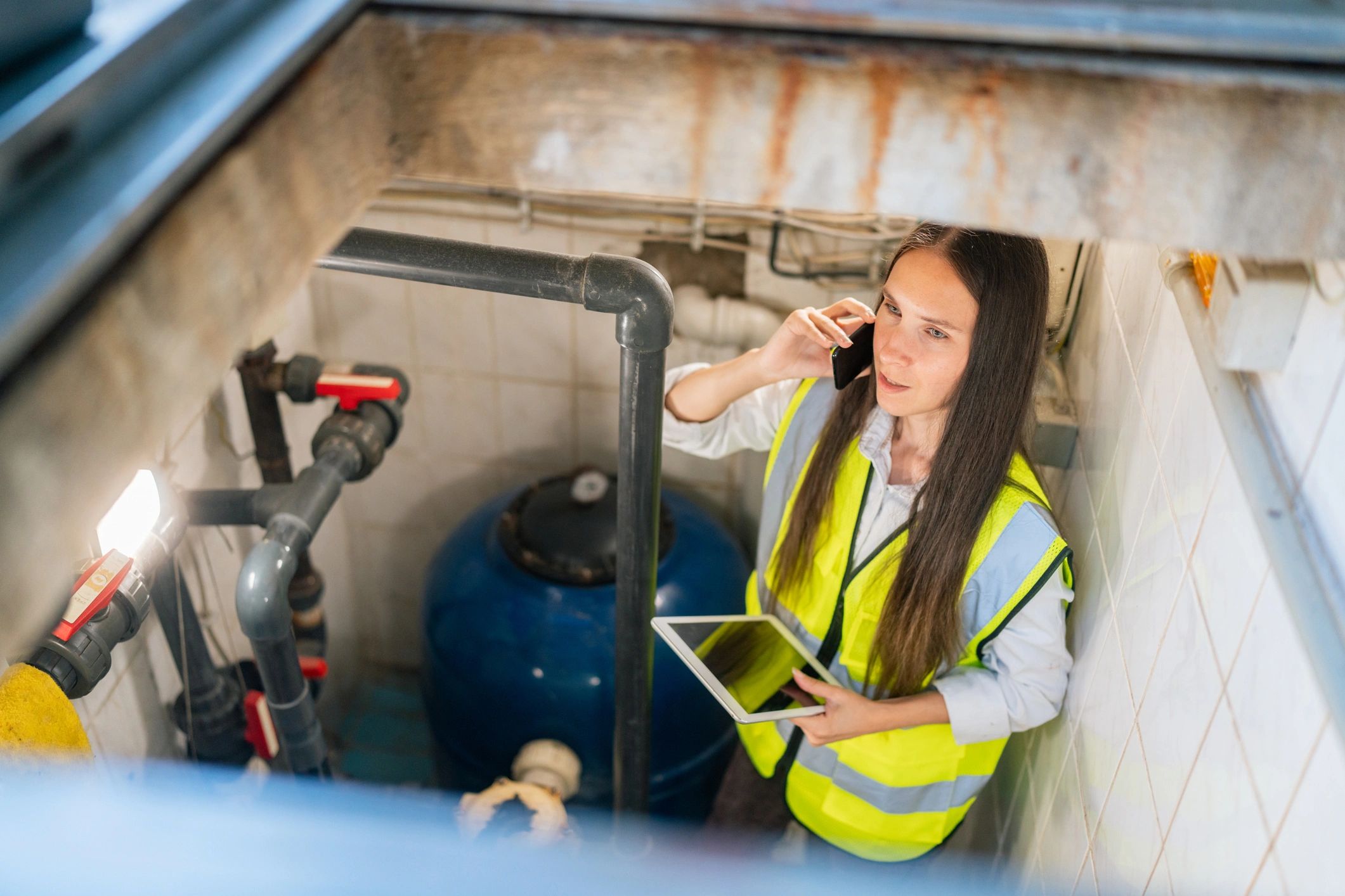 Technician inspecting plumbing equipment for a sewer line issue